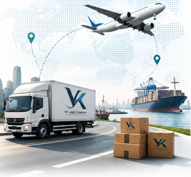 Illustrative logistics network with an aircraft, cargo ship, delivery truck and parcels