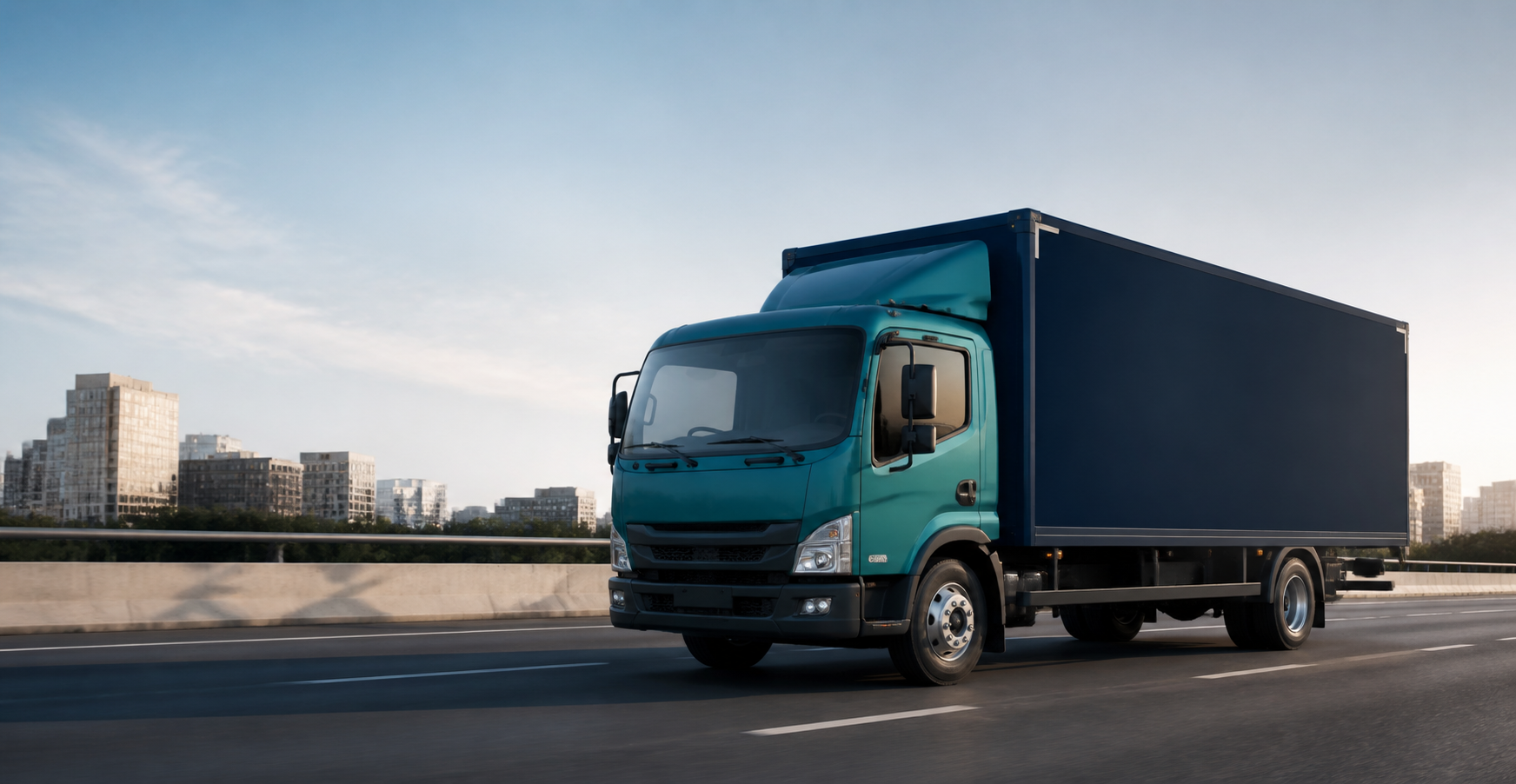 Illustrative unbranded delivery truck travelling on a modern intercity road