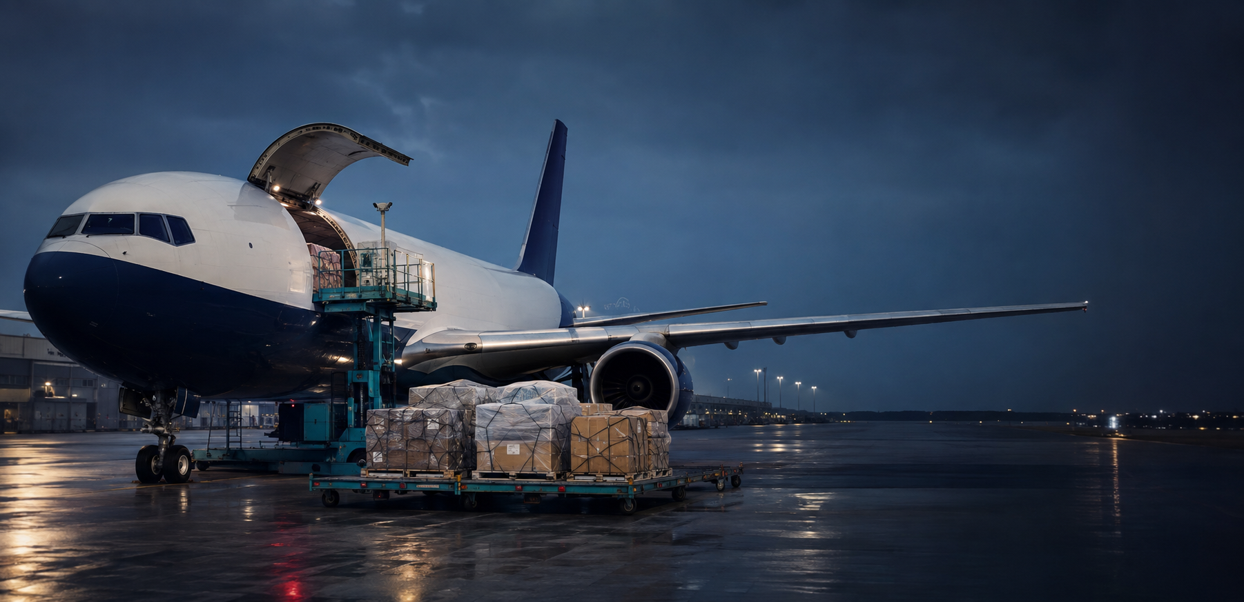 Illustrative cargo aircraft at an international logistics apron